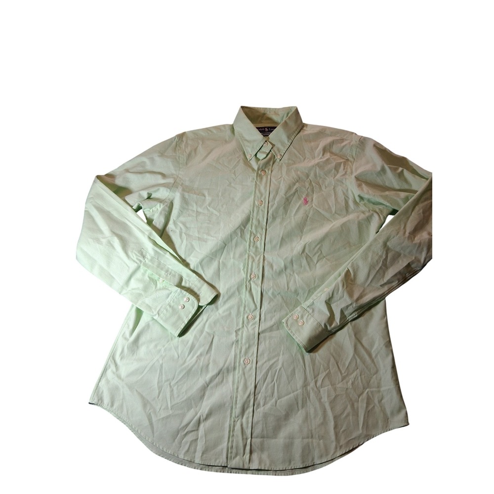 Ralph Lauren Custom Fit Gingham Shirt Mens 16 34/35 Green Pink Pony Button Down